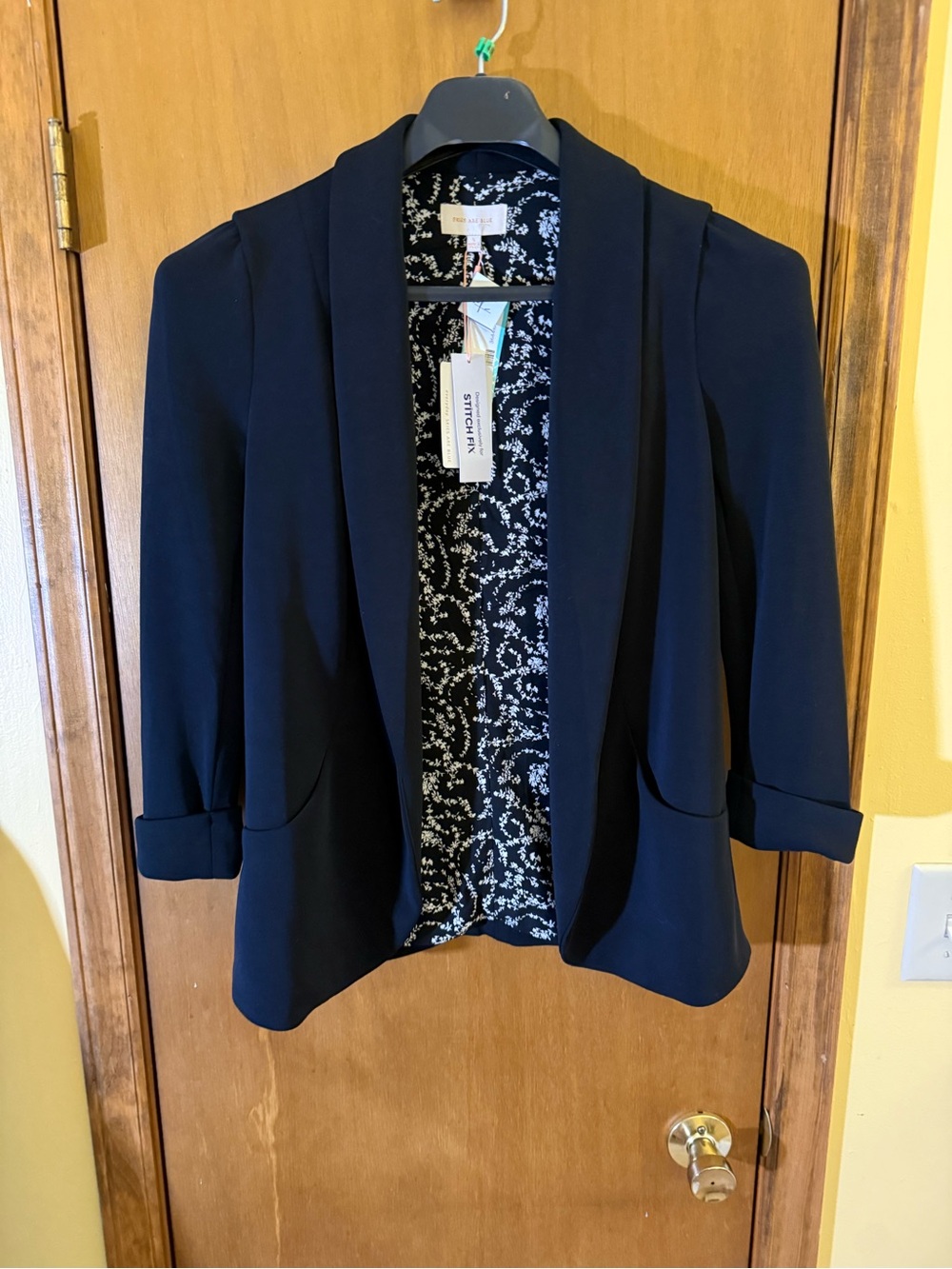 Skies Are Blue Navy Open-Front Blazer with Patterned Lining